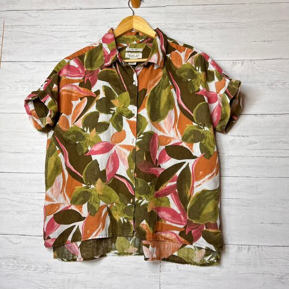 Rachel Zoe Top Womens Size Medium Colorful Floral Foliage 100% Linen Button Down - Picture 1 of 16